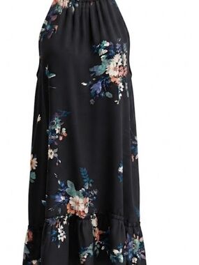 Xhilaration Black Floral Halter Dress with Green & Coral Blooms.